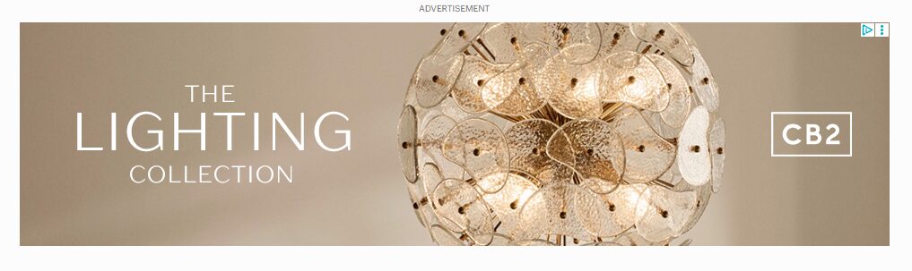An ad for the company CB2 that shows an elaborate circular chandelier next to the words "the lighting collection". Used as an example of a Google Display ad.