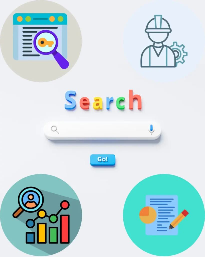 Decorative Image of a search bar with four icons around it.
