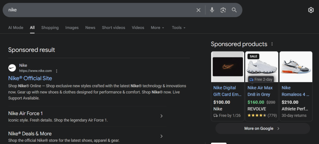 A screenshot of the sponsored results for a search for "nike". The sponsored results section shows a result for Nike's Official Site.