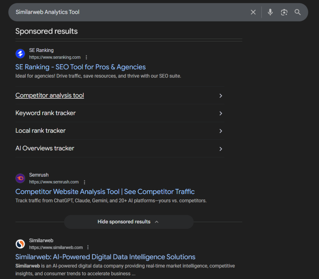 A screenshot of the search results for "Similarweb Analytics Tool". Showing the Sponsored results section at the top top of the page, displaying an ad for SE Ranking and an ad for SEMrush, above the website page for Similarweb. 
