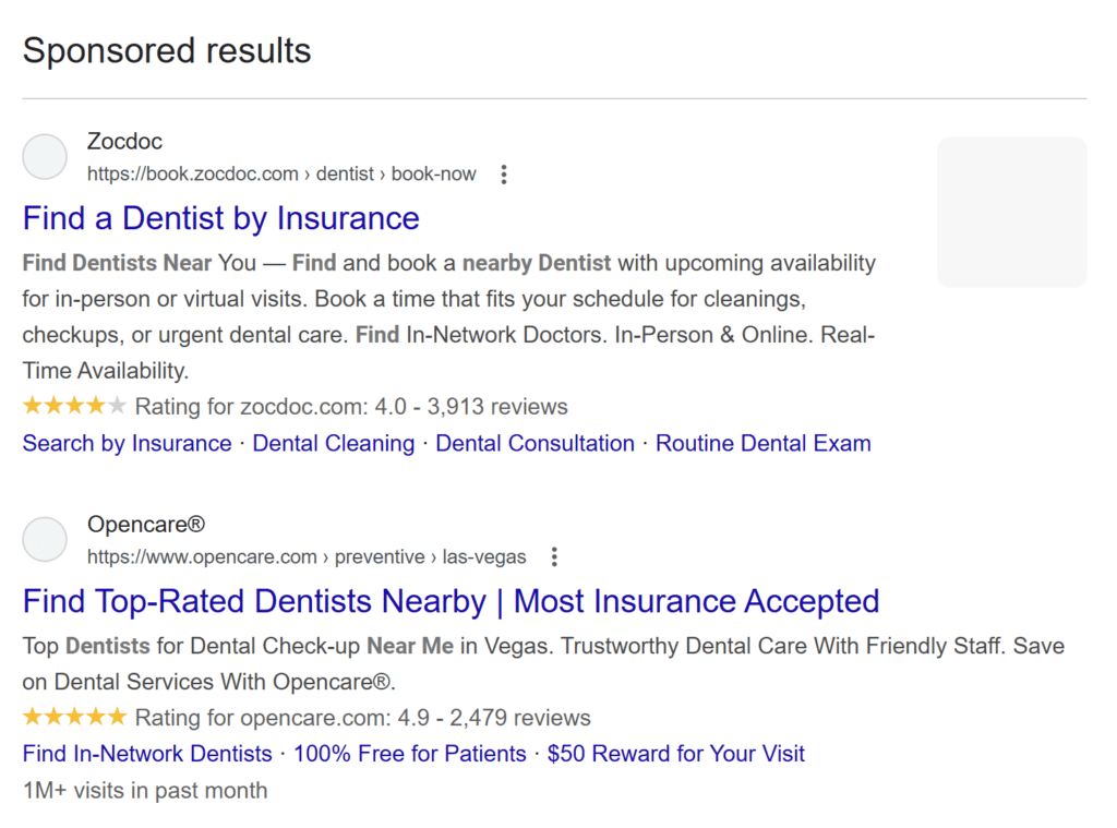 Google SERP showing 2 sponsored results for Zocdoc and Opencare